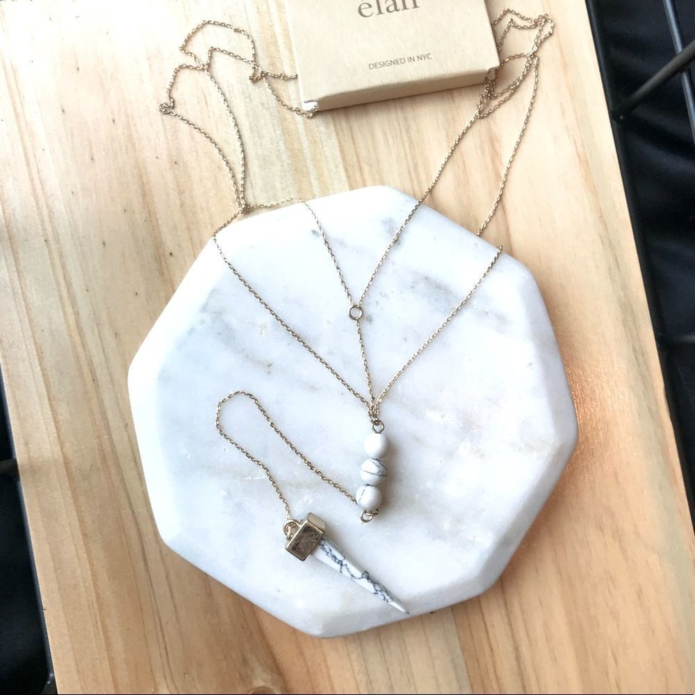 Gold & White Layered Lariat Stone Marble Necklace